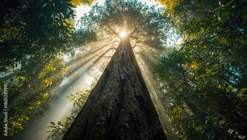 Majestic rainforest tree rising vertically with light filtering through leaves, illustrating forest preservation