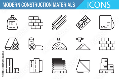Construction Supplies Icons with Bricks Cement Steel and Wood