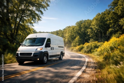 A white van quickly navigating a rural road surrounded by dense green trees and bright bushes under a clear blue sky