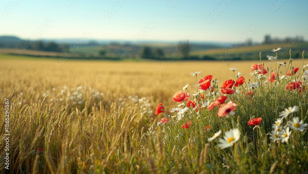 Naklejka premium Springtime wheat field dotted with poppies and daisies, illustrating seasonal floral abundance