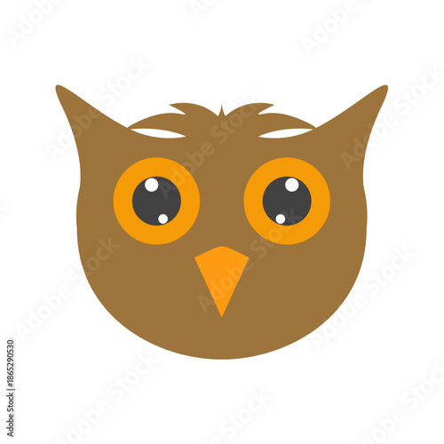 Cute owl head vector illustration, flat cartoon nocturnal bird face icon with big orange eyes for kids nursery posters, education materials, stickers, logos, apps, web avatars and night forest themed 