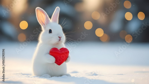 Adorable white rabbit holding red heart in snowy scenery