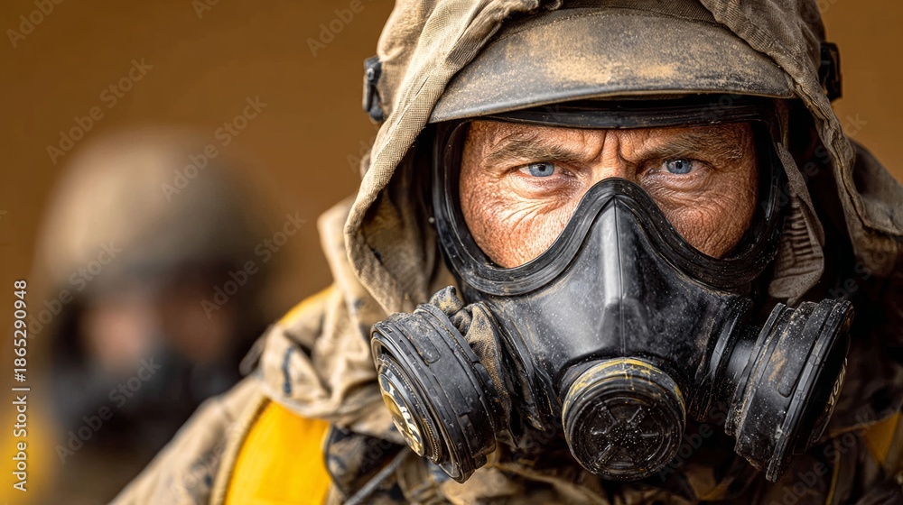 Fototapeta premium A man in a hazmat suit with a gas mask on his face. He looks angry and is wearing a yellow jacket