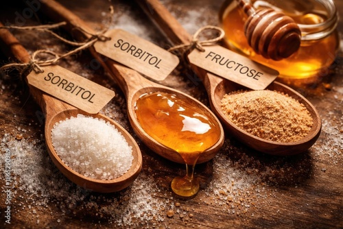 Food additives in wooden spoons combining artificial sweeteners and natural sugars such as sorbitol honey and fructose