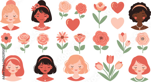 Diverse Women Portraits with Pink Flowers and Hearts faces hairstyles