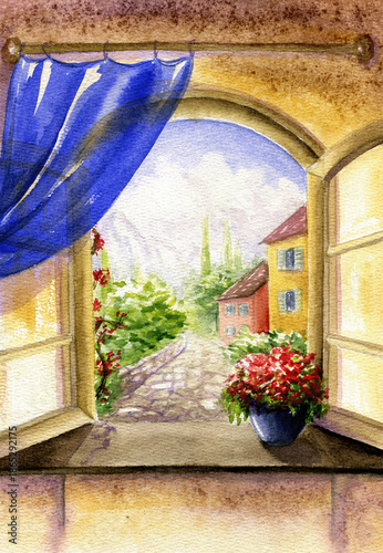 A cozy watercolor illustration of an open window with a blue curtain, overlooking a sunny Mediterranean street with flowers and colorful houses. A peaceful summer view in a charming European town.