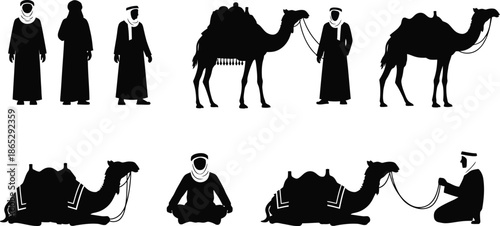 Arabian people and camels in black silhouette on transparent background