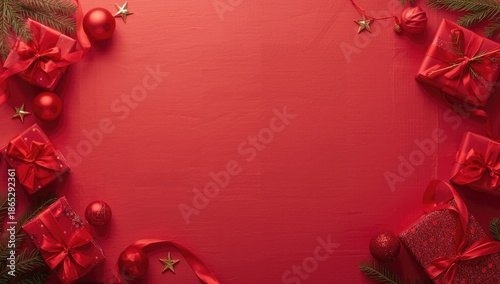 Red-themed Christmas presents and ornaments arranged on a red backdrop, festive display
