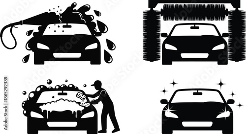 Car wash icons depicting services vehicle cleaning and a worker on transparent background silhouette
