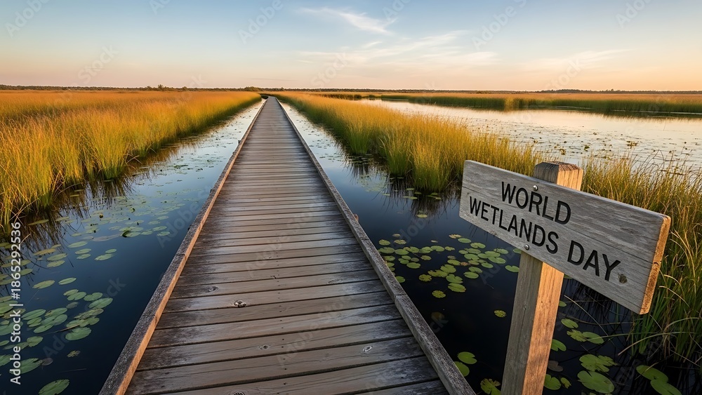 Fototapeta premium A wooden boardwalk through a serene wetland on world wetlands day with a sign and lily pads in the water