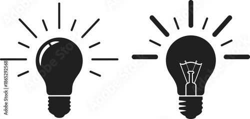 Two black light bulb icons with rays ideal for design on transparent background silhouette