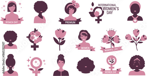 Pink Women Silhouettes and Floral Symbols for International Womens Day purple flowers