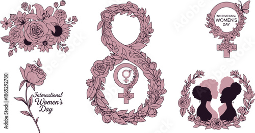 Pink Floral Wreaths and Symbols Celebrating International Womens Day flowers
