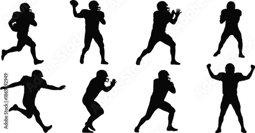 American football players in various action poses on transparent background silhouette
