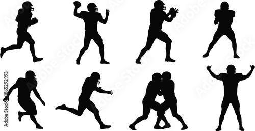 American football players in various action poses on transparent background silhouette