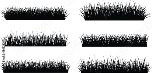 Black grass tufts in various shapes ideal for design work on transparent background silhouette