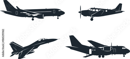 Four different airplane silhouettes against a clear sky on transparent background