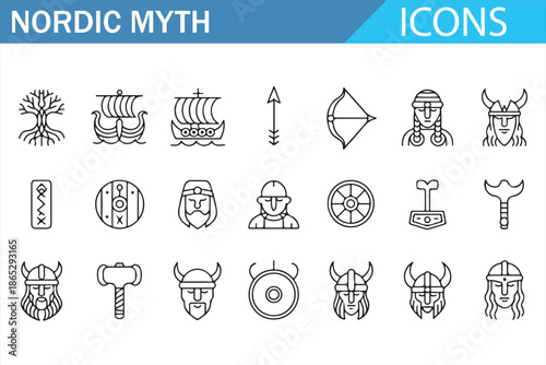 Scandinavian Viking Mythology Line Icons Set Black Vector