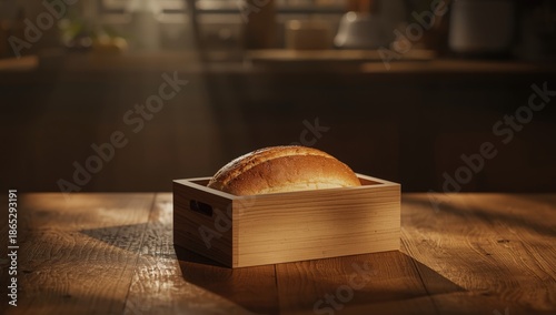 White bread loaf in wooden bread box on kitchen surface, serving as a backdrop for culinary setup or text layout, No specific observance