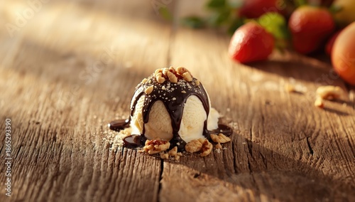 Ice cream with walnuts and chocolate topping, designed as a visually appealing dessert background for menu layouts