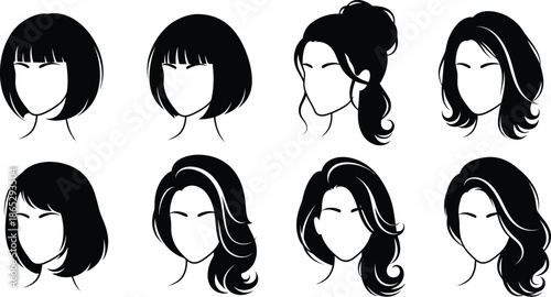 Collection of various women s hairstyles in black ideal for design on transparent background silhouette