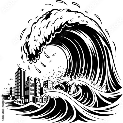 Powerful tsunami wave towers over city and boat illustrating catastrophic flooding danger urban vulnerability and nature’s destructive force