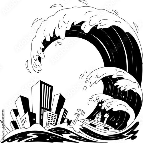Powerful tsunami wave towers over city and boat illustrating catastrophic flooding danger urban vulnerability and nature’s destructive force