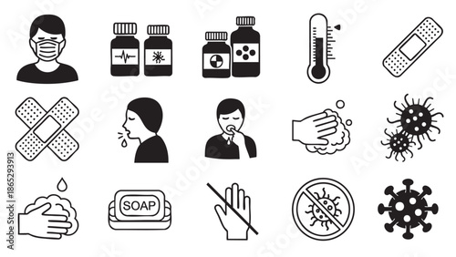 Set of essential hygiene and virus protection icons isolated on transparent background