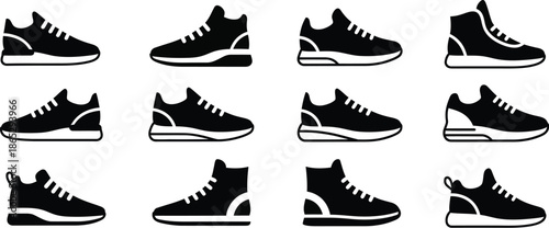 Various styles of sneakers depicted in black silhouette on transparent background