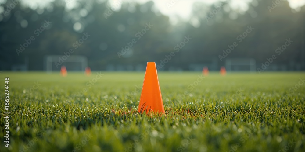 Fototapeta premium Soccer cone on a grass surface in the field, serving as a marker for sports activities and field organization