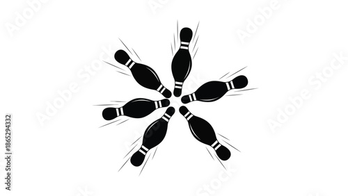 A circular arrangement of black bowling pins with visible white stripes
