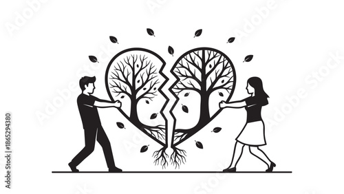 Two people holding a split tree with falling leaves symbolizing unity