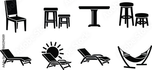 Black furniture icons including chairs stools loungers and hammock silhouette on transparent background