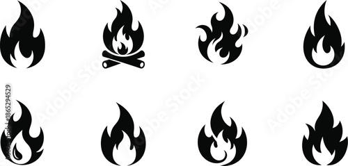 Various fire flame designs and a campfire ideal for projects on transparent background silhouette