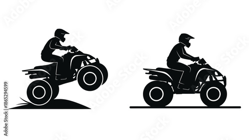 Two silhouetted figures ride atv quad bikes on a simple terrain