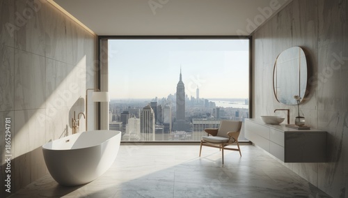 Contemporary style bathroom with expansive city view, including bathtub and armchair, modern interior design