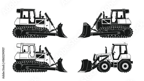 Detailed black and white illustrations of construction vehicles and heavy machinery