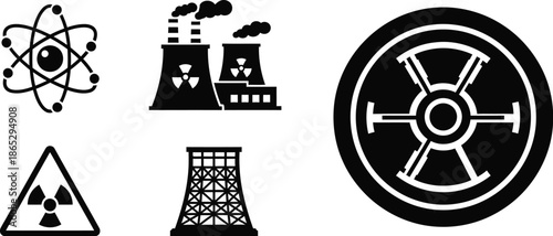 Nuclear energy icons with atom factory and warning signs on transparent background silhouette