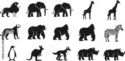 African wildlife animals in black silhouettes on transparent background