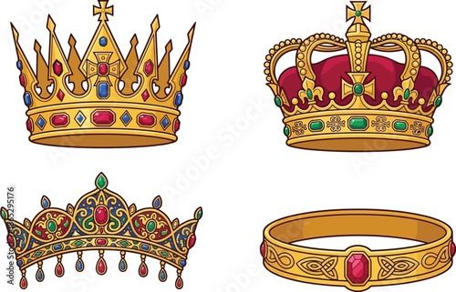 The image shows four different vector-style crowns. The crowns include gold, red, and blue gem elements