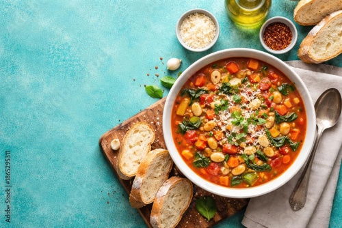 Italian homemade minestrone soup with bread set on turquoise table with copy space
