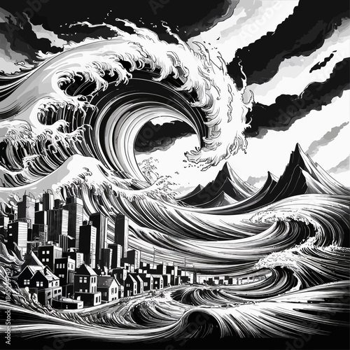 Dramatic black and white tsunami wave crashes toward city skyline symbolizing overwhelming natural disaster destruction and human vulnerability