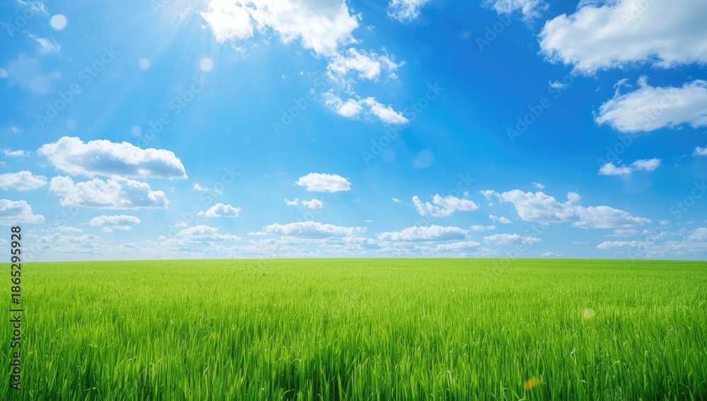 Obraz premium Clear weather featuring white clouds and vibrant green grass, suitable as background for text or nature scenes