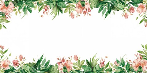 Border of hand-painted pink and green foliage around a white backdrop, ideal for botanical layout use