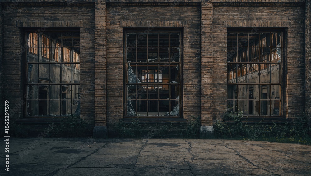 Fototapeta premium Old abandoned building with peeling paint and broken windows, emphasizing urban decay