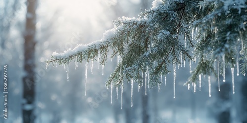 Snow-covered fir branches with melting ice in a winter forest scene, emphasizing seasonal transition
