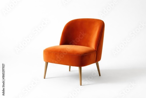 Chic orange velvet chair in a minimalist modern style set against white background with copy space