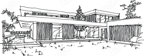 hand drawn architectural sketch of modern detached house with flat roof 