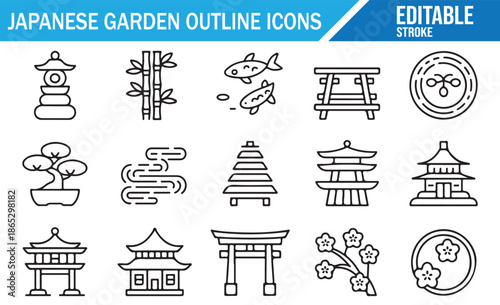 Collection of Japanese culture symbols including pagodas and bonsai trees.