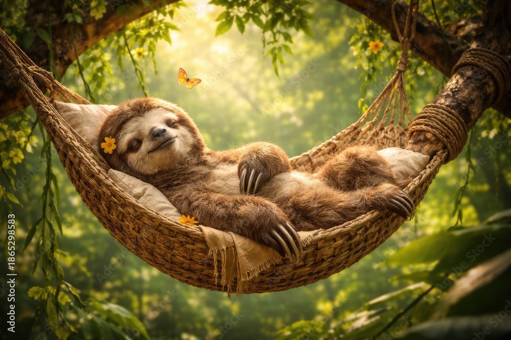 Obraz premium Amusing sloth enjoying a calm nap on a tree branch hammock
